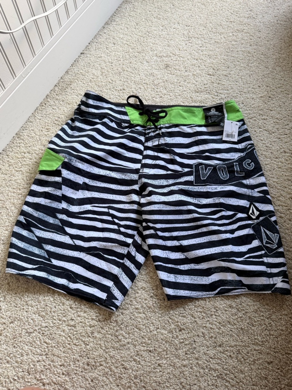 Volcom Black & White Striped Men’s Hybrid Shorts with Lime Accents